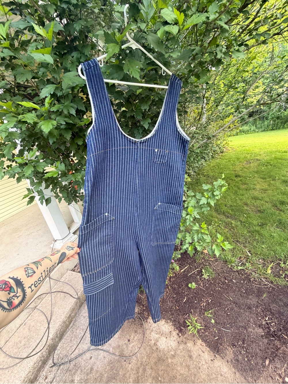 Pilcro Navy Pinstripe Utility Jumpsuit